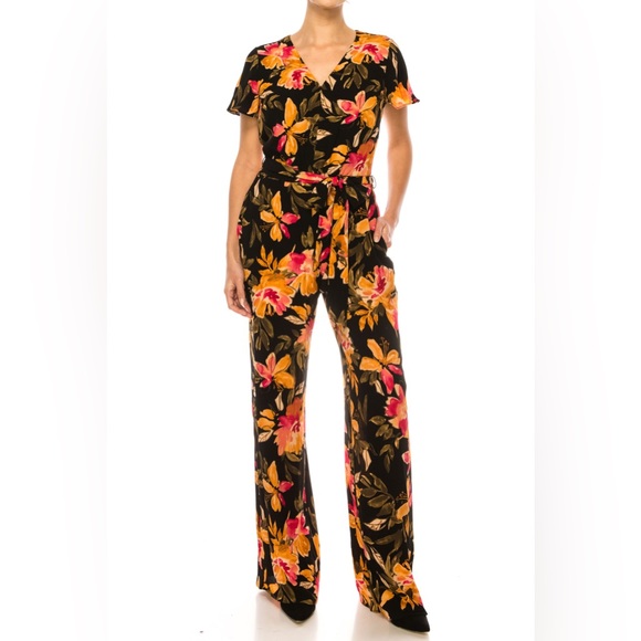 NWOT Maggy London Woman FLORAL SHORT FLUTTER-SLEEVE JUMPSUIT Size 16 - Picture 1 of 11